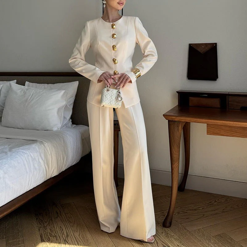 Gold Button Blazer & Straight Leg Pants Set (MS398)