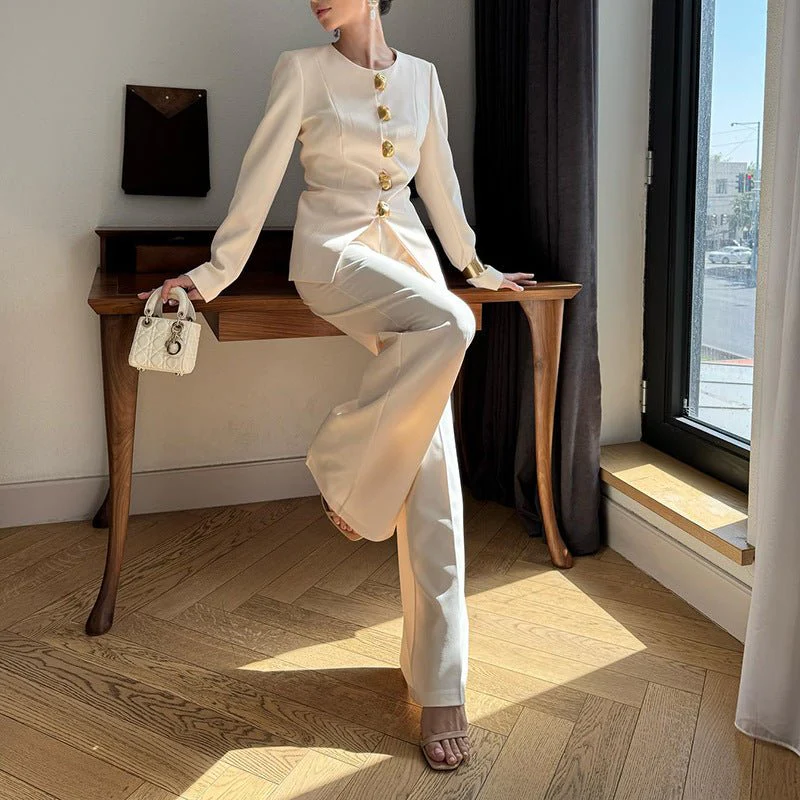 Gold Button Blazer & Straight Leg Pants Set (MS398) - Image 3
