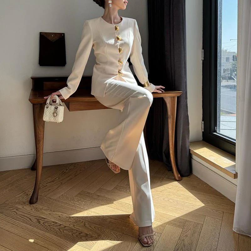 Gold Button Blazer & Straight Leg Pants Set (MS398) - Image 4