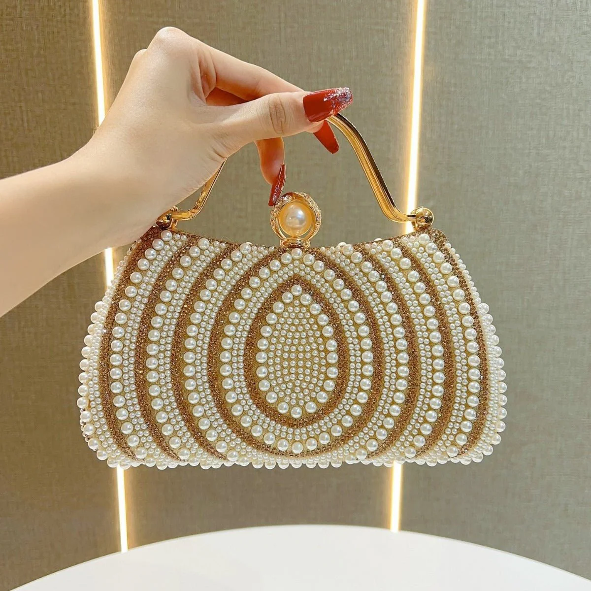 Gold-Framed Diamond Accent Pearl-Encrusted Dinner Bag with Chain Strap (MAC249)
