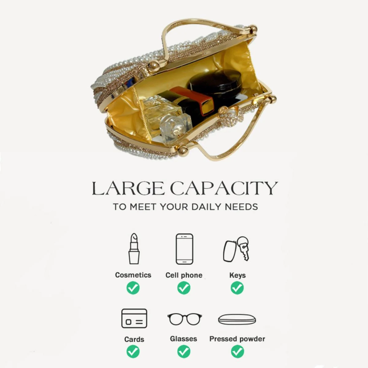 Gold-Framed Diamond Accent Pearl-Encrusted Dinner Bag with Chain Strap (MAC249) - Image 10