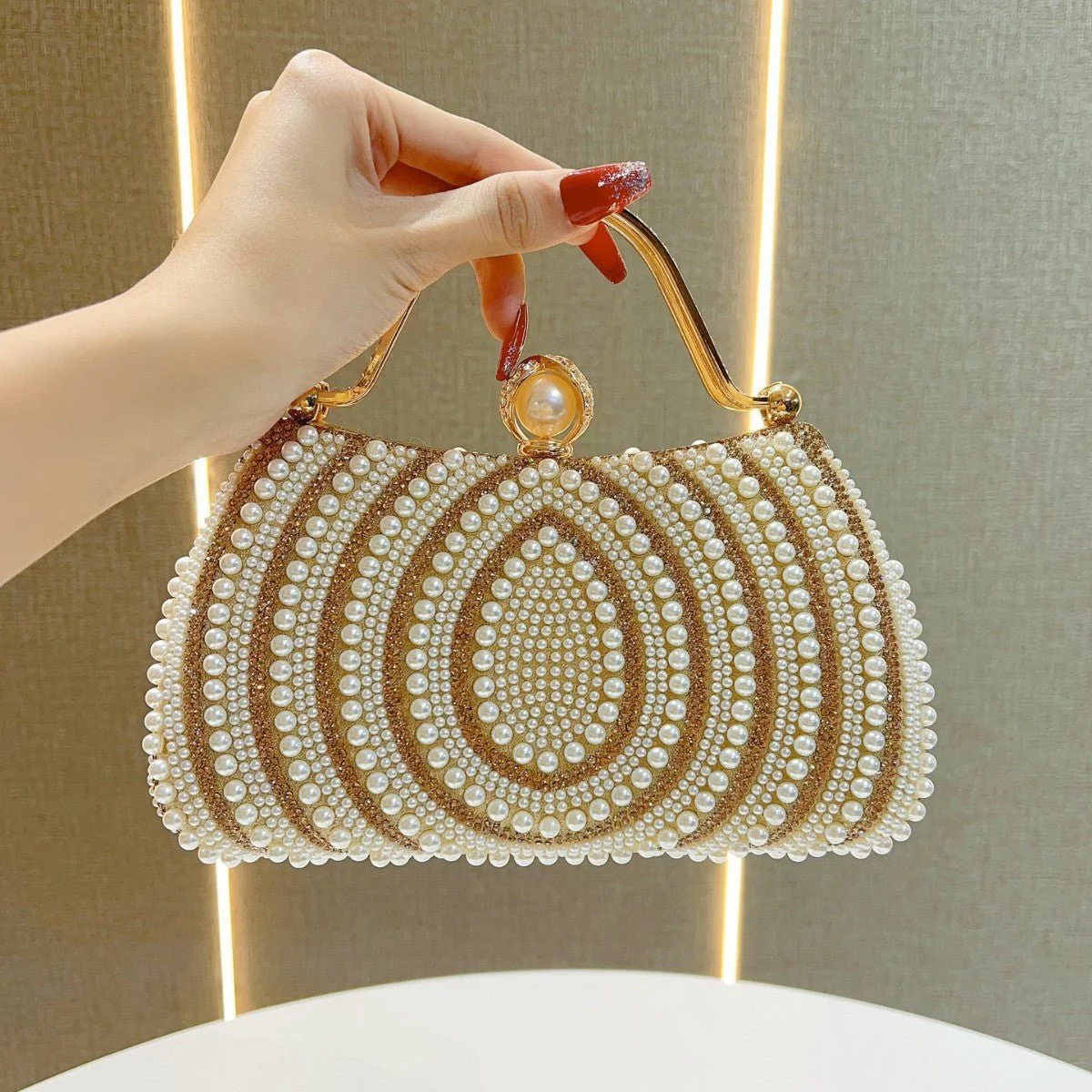 Gold-Framed Diamond Accent Pearl-Encrusted Dinner Bag with Chain Strap (MAC249) - Image 13