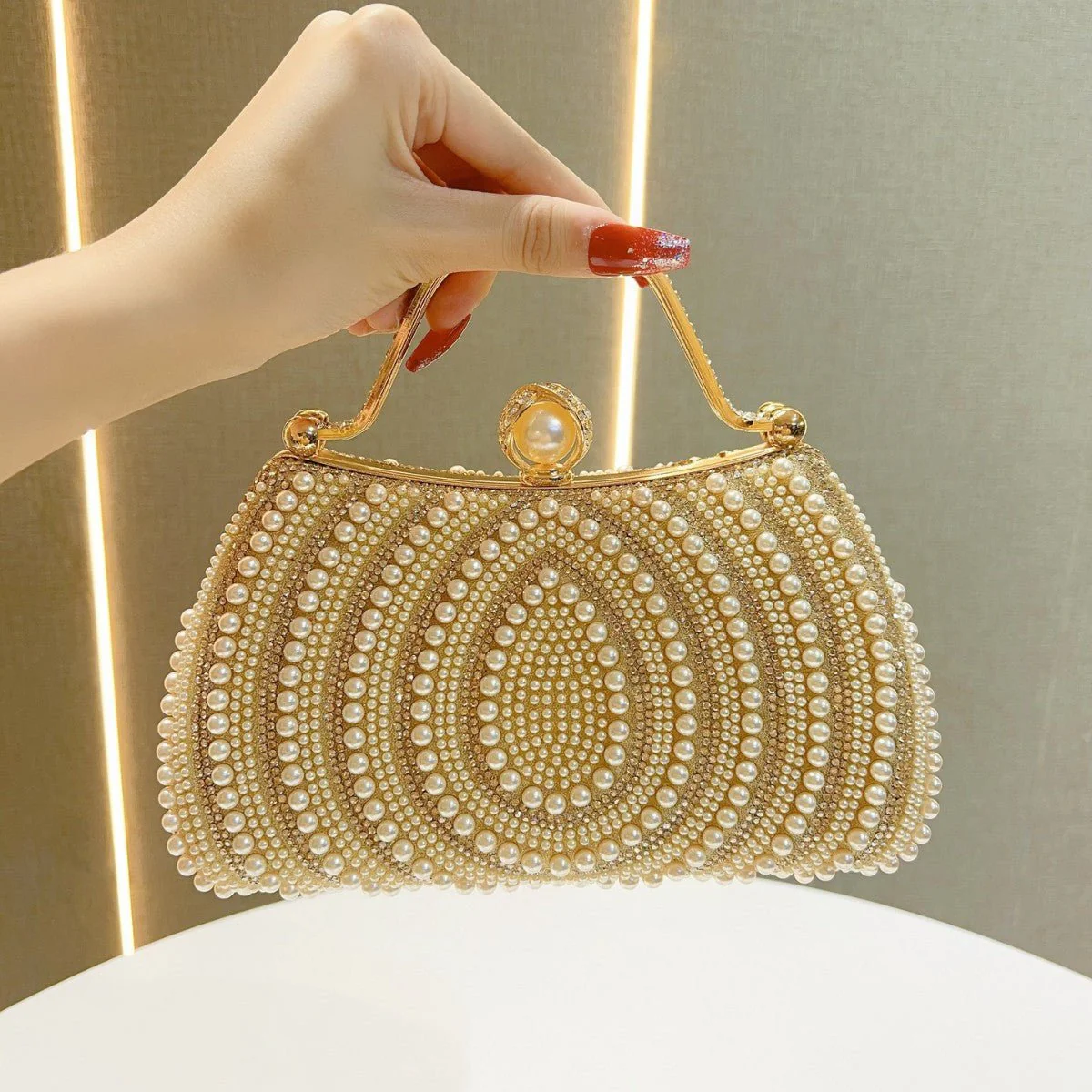 Gold-Framed Diamond Accent Pearl-Encrusted Dinner Bag with Chain Strap (MAC249) - Image 14
