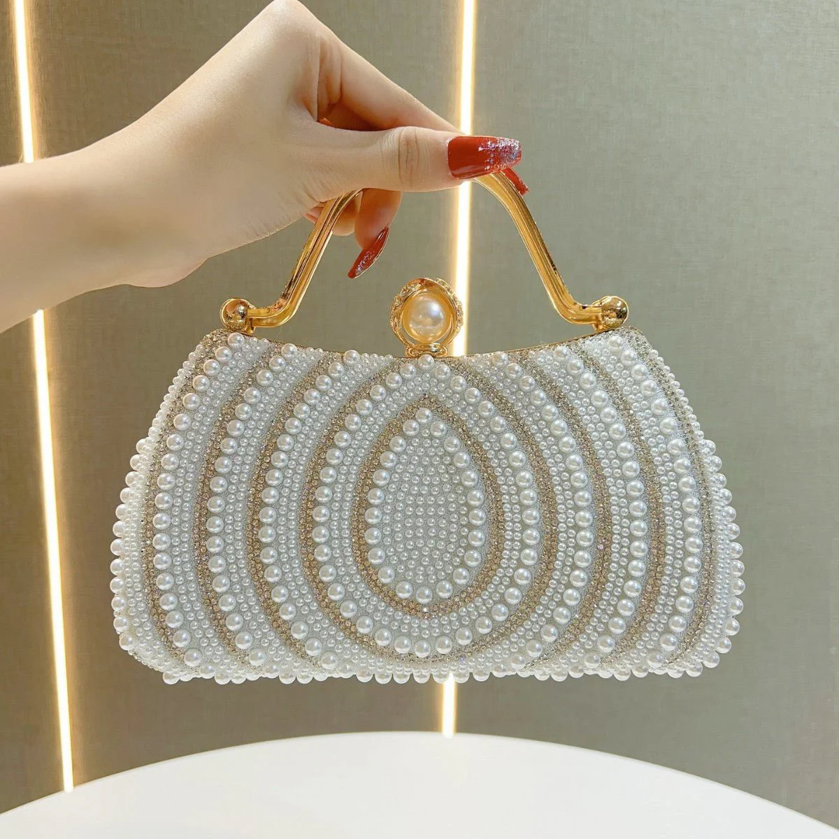 Gold-Framed Diamond Accent Pearl-Encrusted Dinner Bag with Chain Strap (MAC249) - Image 15