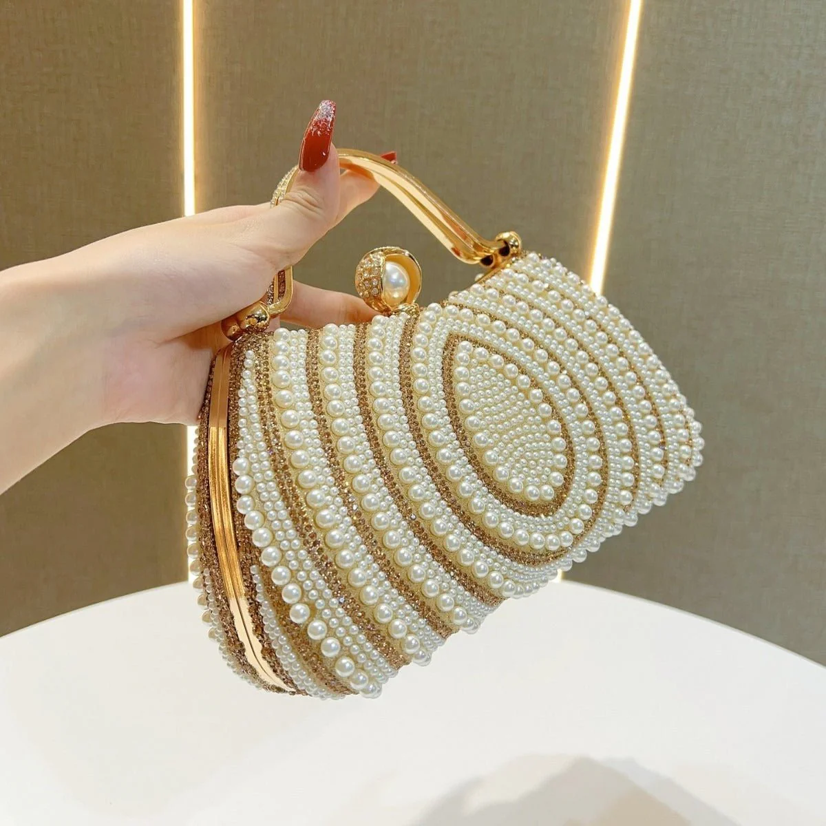 Gold-Framed Diamond Accent Pearl-Encrusted Dinner Bag with Chain Strap (MAC249) - Image 2