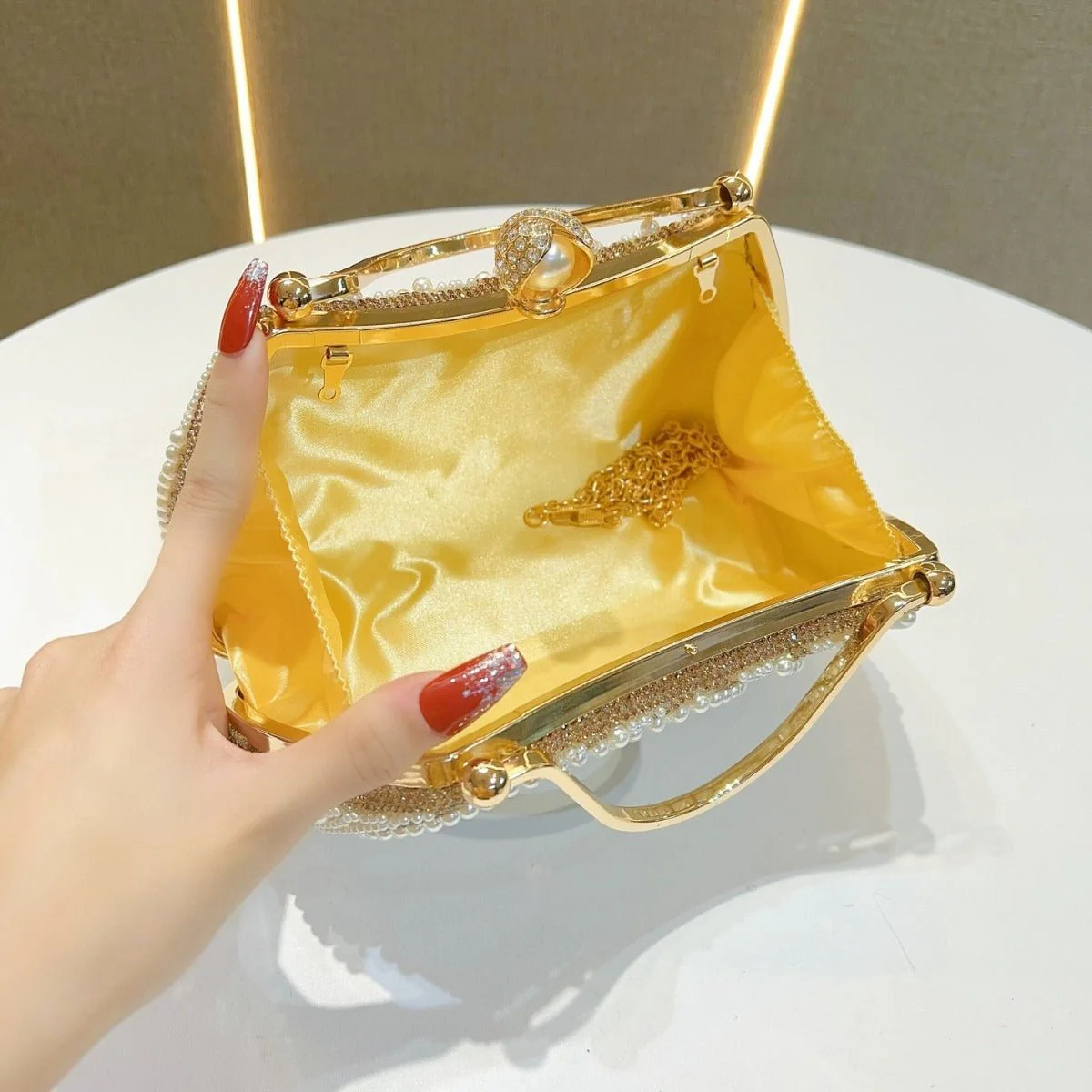 Gold-Framed Diamond Accent Pearl-Encrusted Dinner Bag with Chain Strap (MAC249) - Image 3