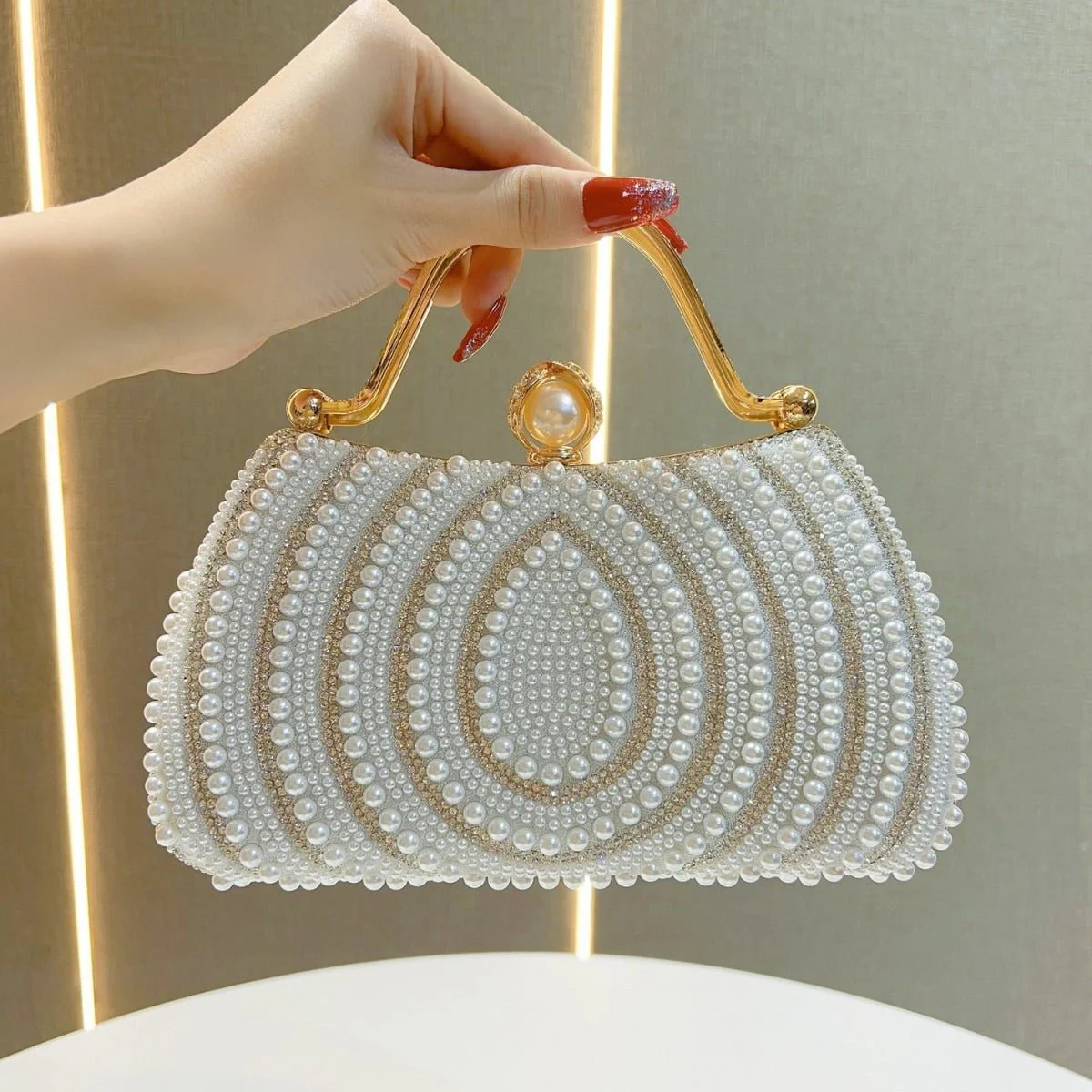 Gold-Framed Diamond Accent Pearl-Encrusted Dinner Bag with Chain Strap (MAC249) - Image 7