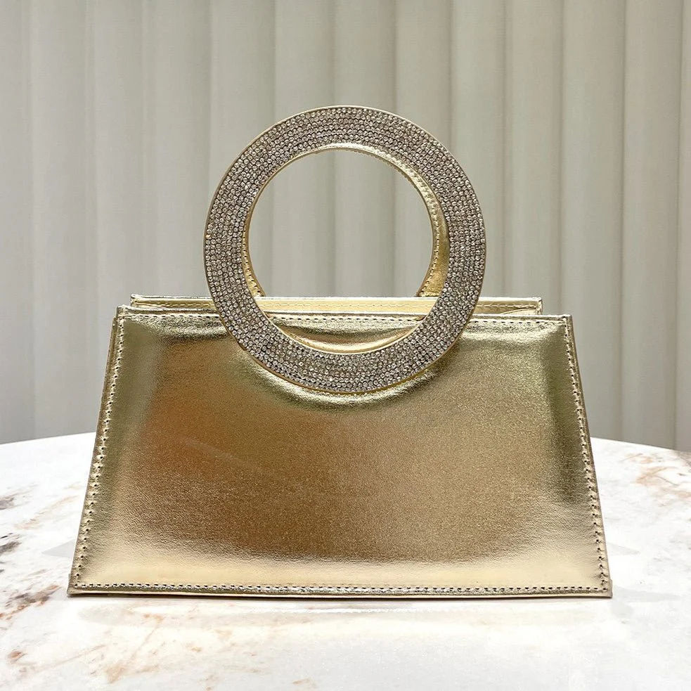 Gold Reflective Evening Clutch with Diamond-Studded Circular Handle (MAC294) - Image 2