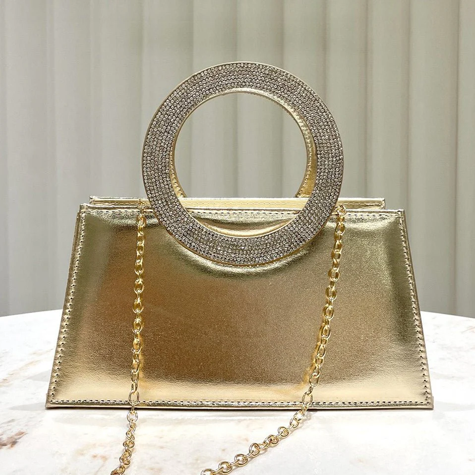 Gold Reflective Evening Clutch with Diamond-Studded Circular Handle (MAC294) - Image 3