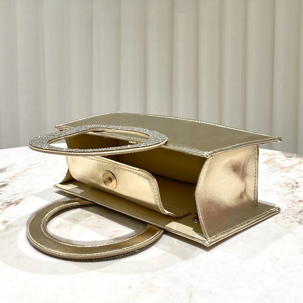 Gold Reflective Evening Clutch with Diamond-Studded Circular Handle (MAC294) - Image 4