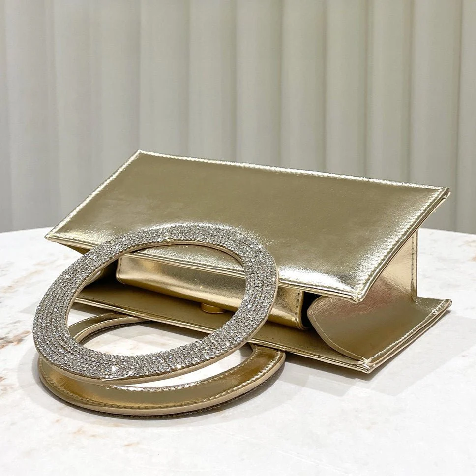 Gold Reflective Evening Clutch with Diamond-Studded Circular Handle (MAC294) - Image 5