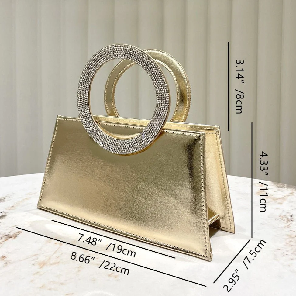 Gold Reflective Evening Clutch with Diamond-Studded Circular Handle (MAC294) - Image 6