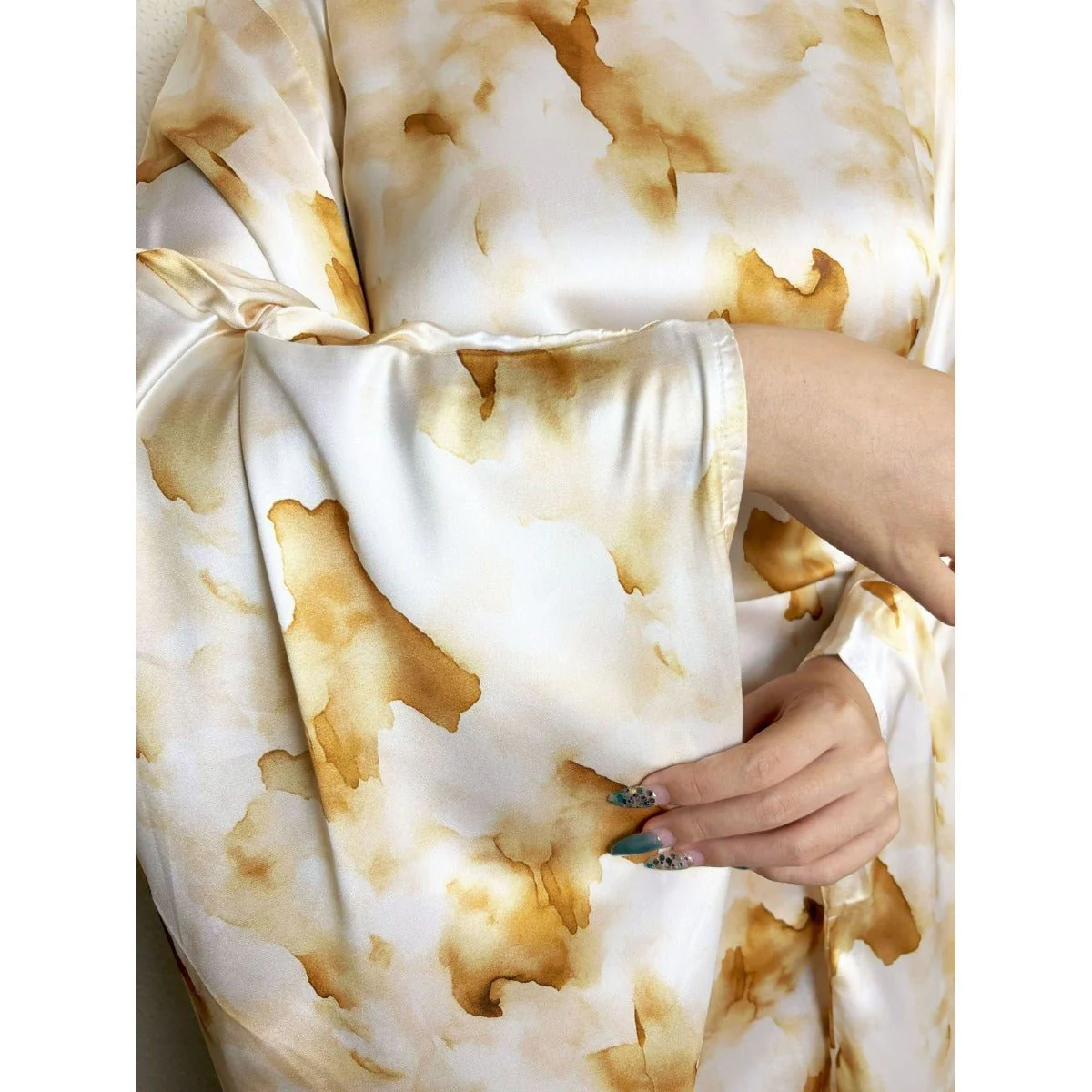 Golden Marble Print Satin Dress | Bell Sleeve Maxi with Adjustable Drawstring Waist (MA244) - Image 3