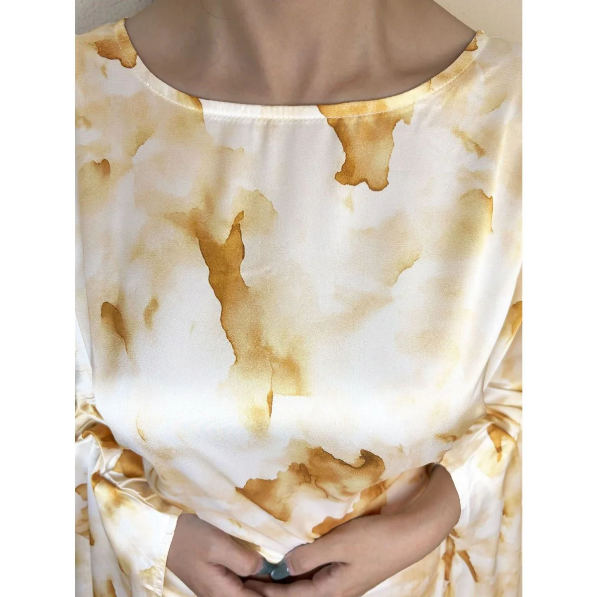 Golden Marble Print Satin Dress | Bell Sleeve Maxi with Adjustable Drawstring Waist (MA244) - Image 4