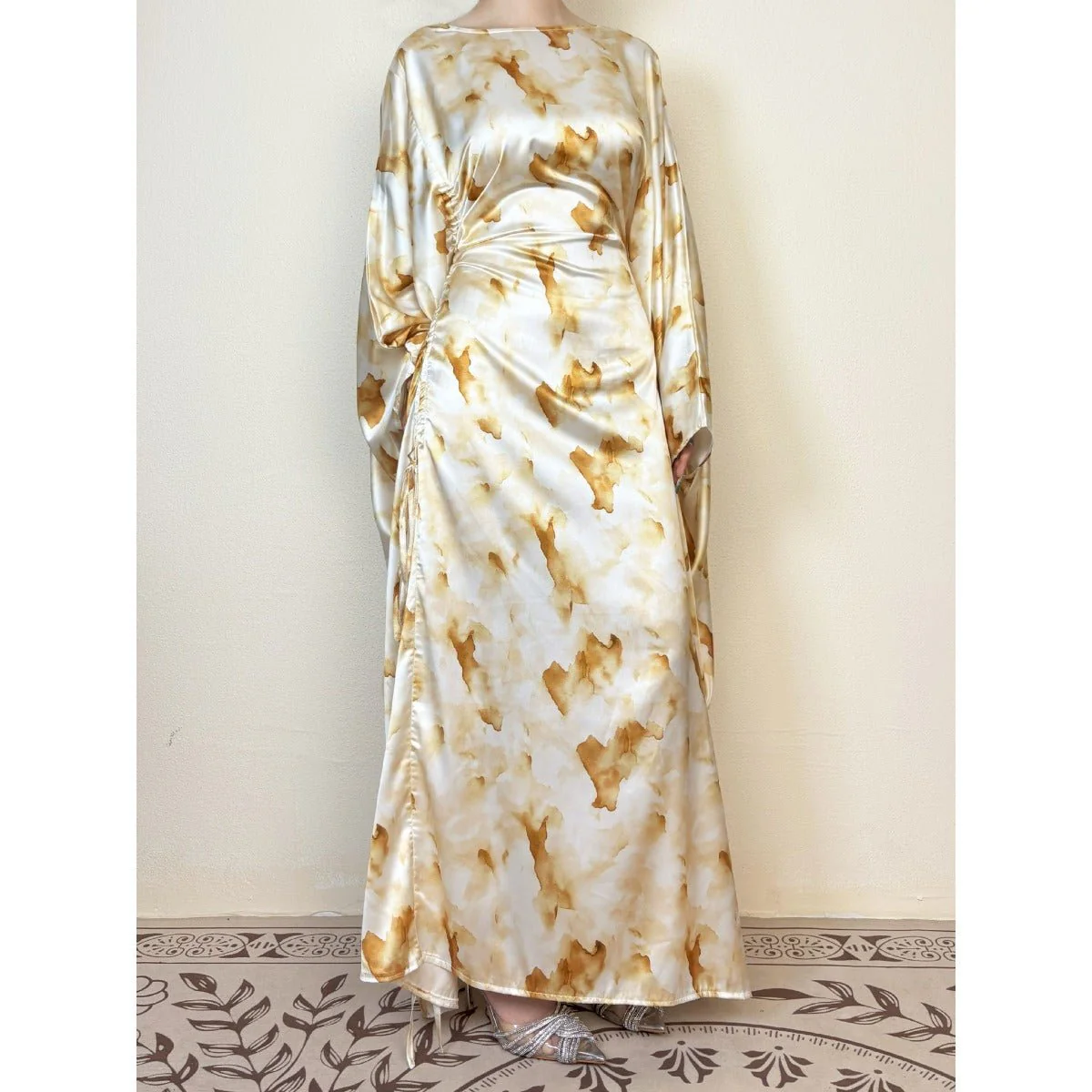 Golden Marble Print Satin Dress | Bell Sleeve Maxi with Adjustable Drawstring Waist (MA244) - Image 5