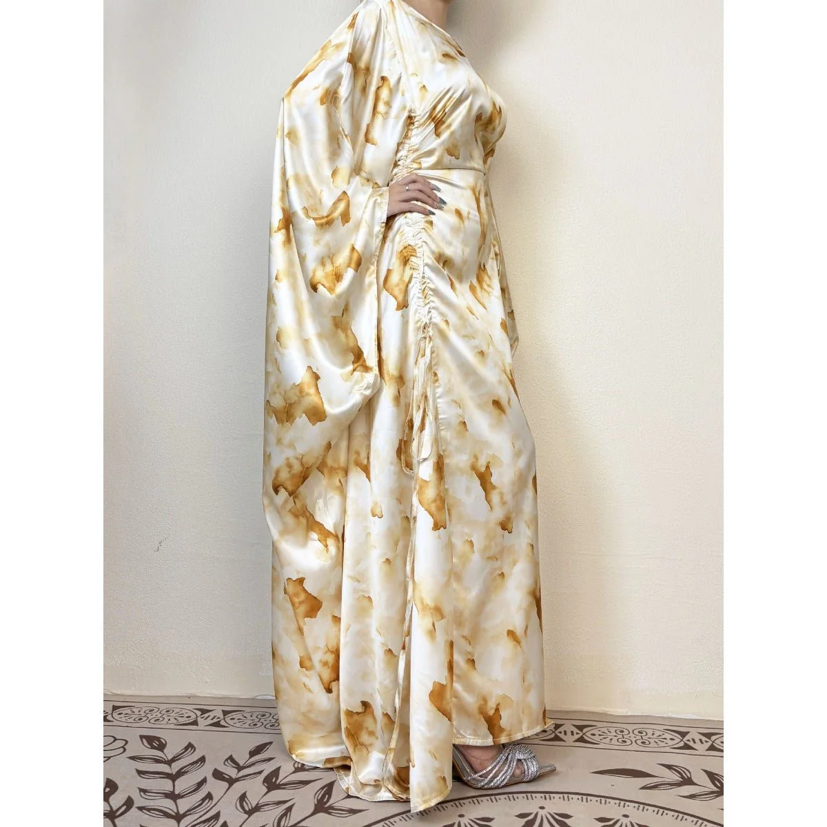 Golden Marble Print Satin Dress | Bell Sleeve Maxi with Adjustable Drawstring Waist (MA244) - Image 6