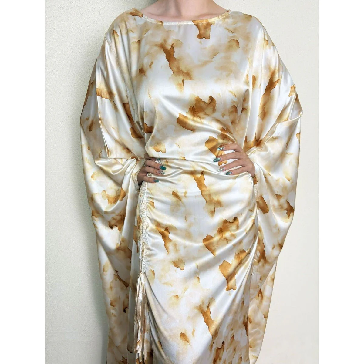 Golden Marble Print Satin Dress | Bell Sleeve Maxi with Adjustable Drawstring Waist (MA244) - Image 8