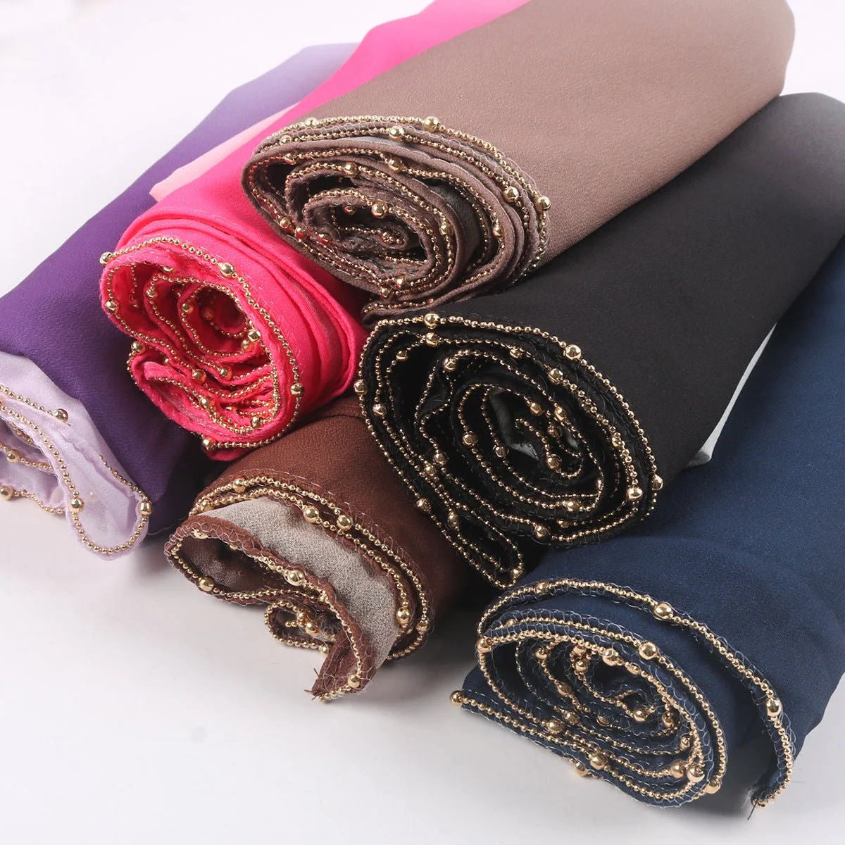 Gradient Colour Pearl Chiffon Beaded Chain Hijab (MH137) - Image 3
