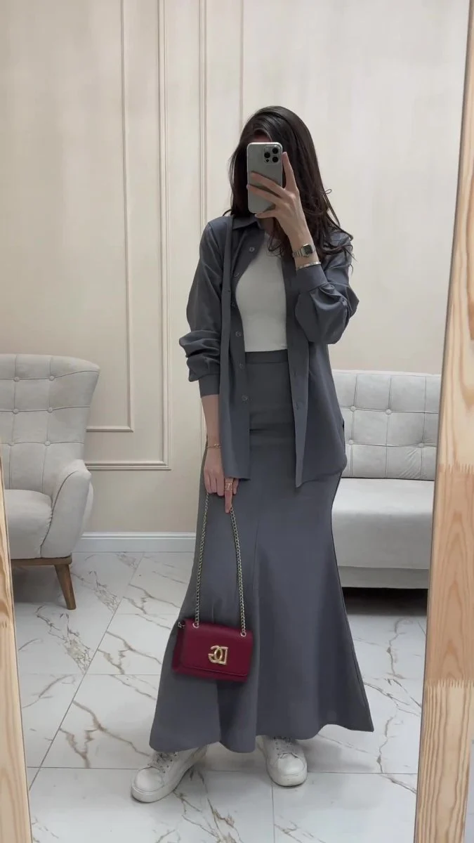 Grey Loose Long Sleeve Shirt & Elastic Waist Fish Tail Skirt Outfit Casual Two-Piece Set(MA207) - Image 10
