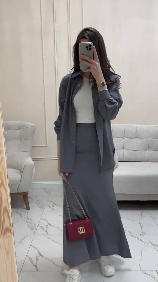 Grey Loose Long Sleeve Shirt & Elastic Waist Fish Tail Skirt Outfit Casual Two-Piece Set(MA207) - Image 11