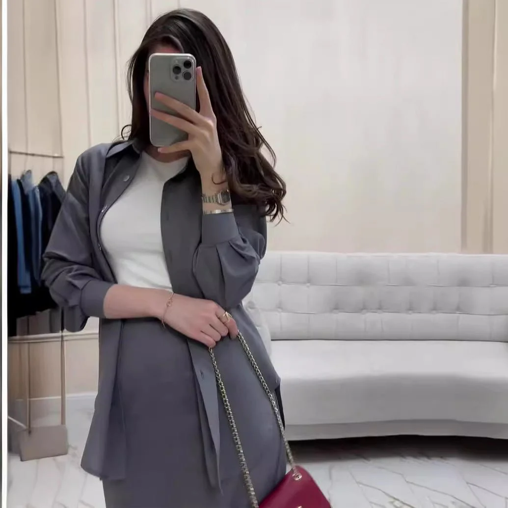 Grey Loose Long Sleeve Shirt & Elastic Waist Fish Tail Skirt Outfit Casual Two-Piece Set(MA207) - Image 3