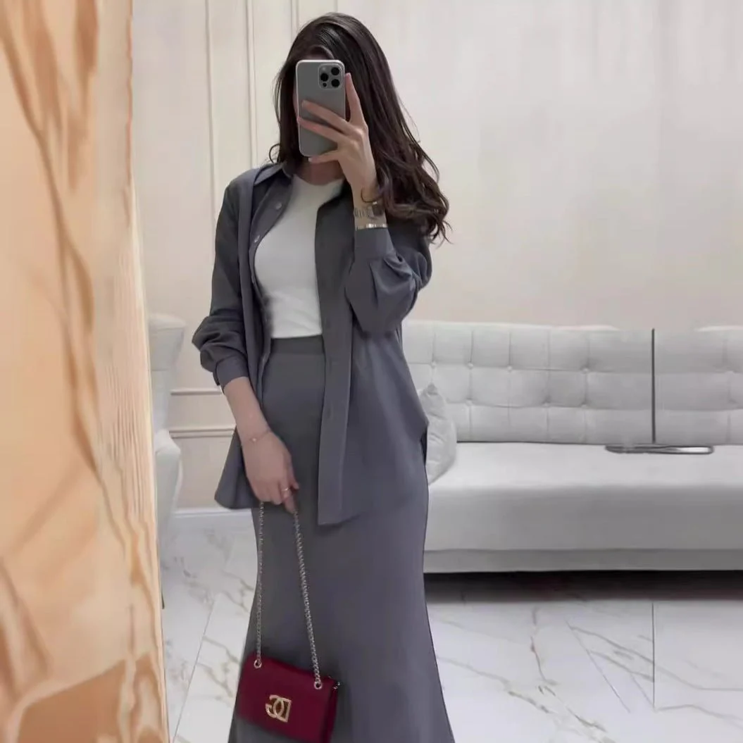 Grey Loose Long Sleeve Shirt & Elastic Waist Fish Tail Skirt Outfit Casual Two-Piece Set(MA207) - Image 4