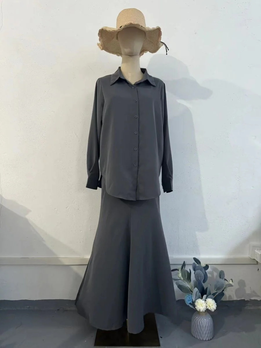 Grey Loose Long Sleeve Shirt & Elastic Waist Fish Tail Skirt Outfit Casual Two-Piece Set(MA207) - Image 5