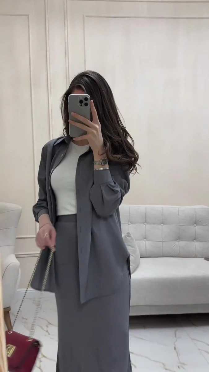 Grey Loose Long Sleeve Shirt & Elastic Waist Fish Tail Skirt Outfit Casual Two-Piece Set(MA207) - Image 6