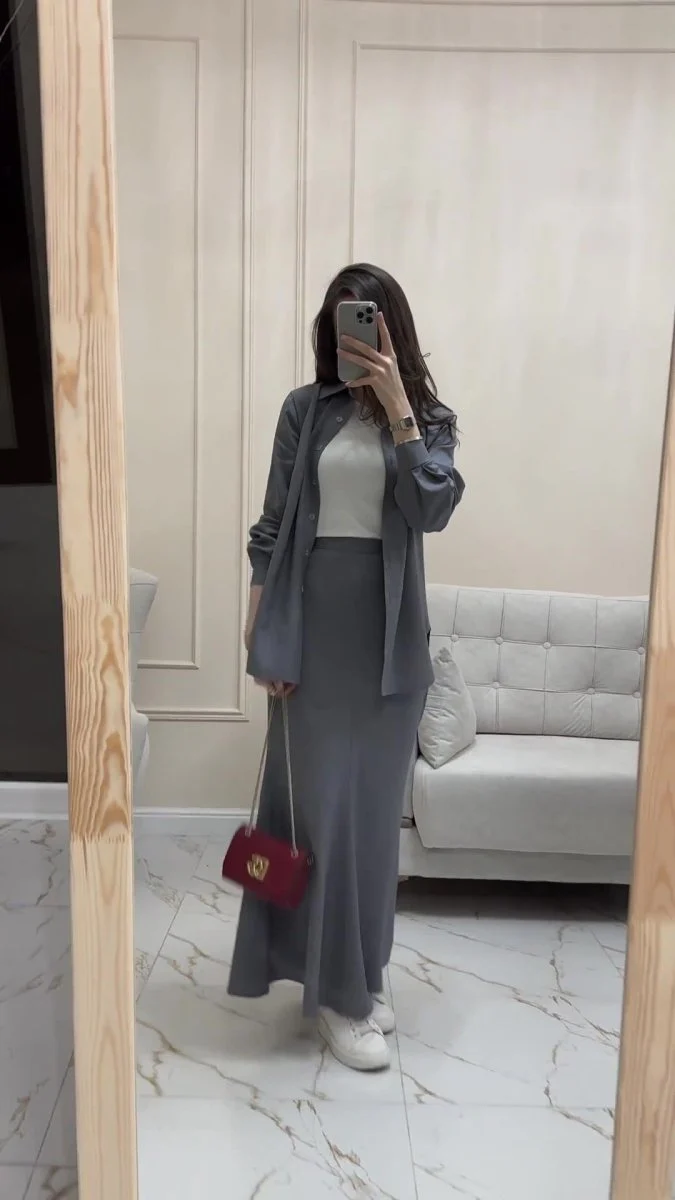 Grey Loose Long Sleeve Shirt & Elastic Waist Fish Tail Skirt Outfit Casual Two-Piece Set(MA207) - Image 7
