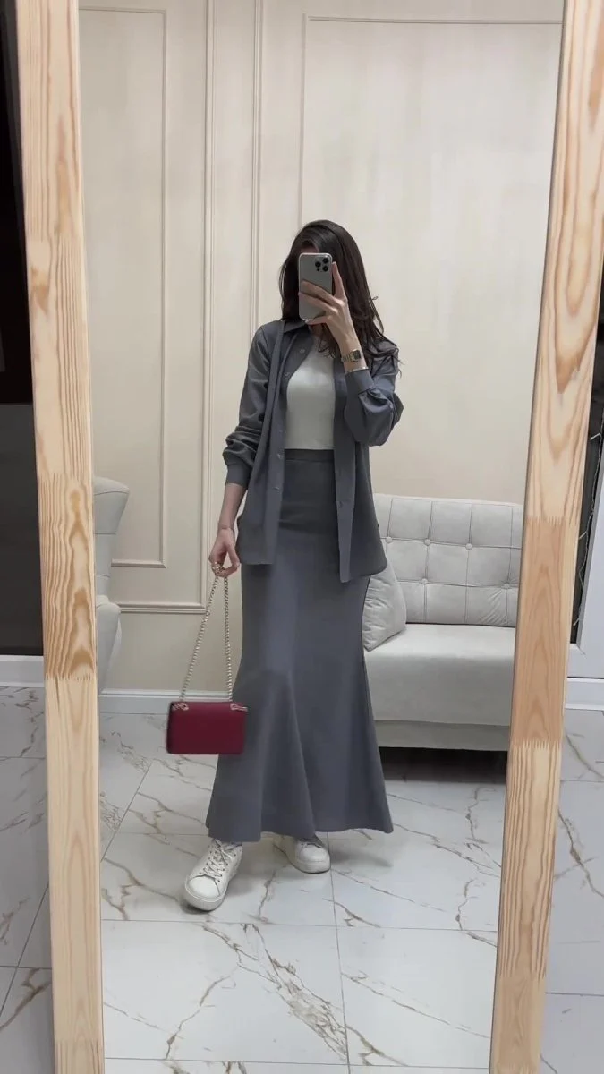 Grey Loose Long Sleeve Shirt & Elastic Waist Fish Tail Skirt Outfit Casual Two-Piece Set(MA207) - Image 8