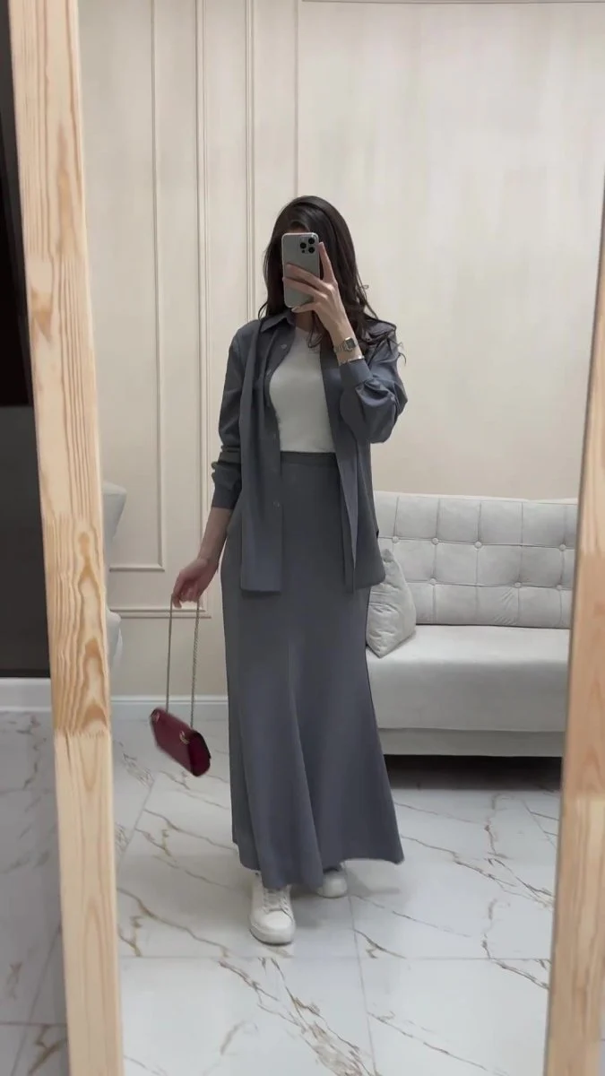 Grey Loose Long Sleeve Shirt & Elastic Waist Fish Tail Skirt Outfit Casual Two-Piece Set(MA207) - Image 9
