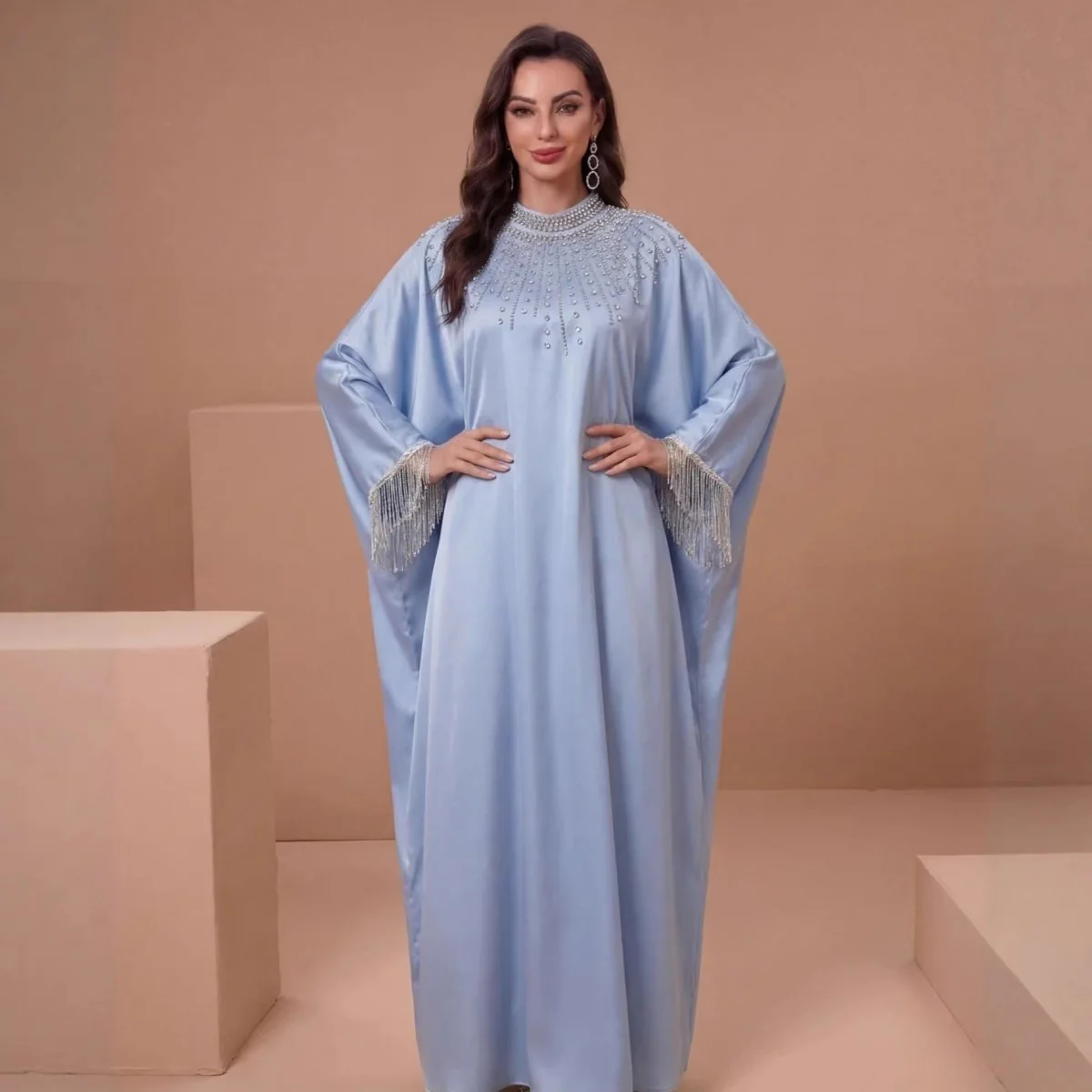 Hand-Beaded Crystal Bodice Satin Kaftan (MA420)
