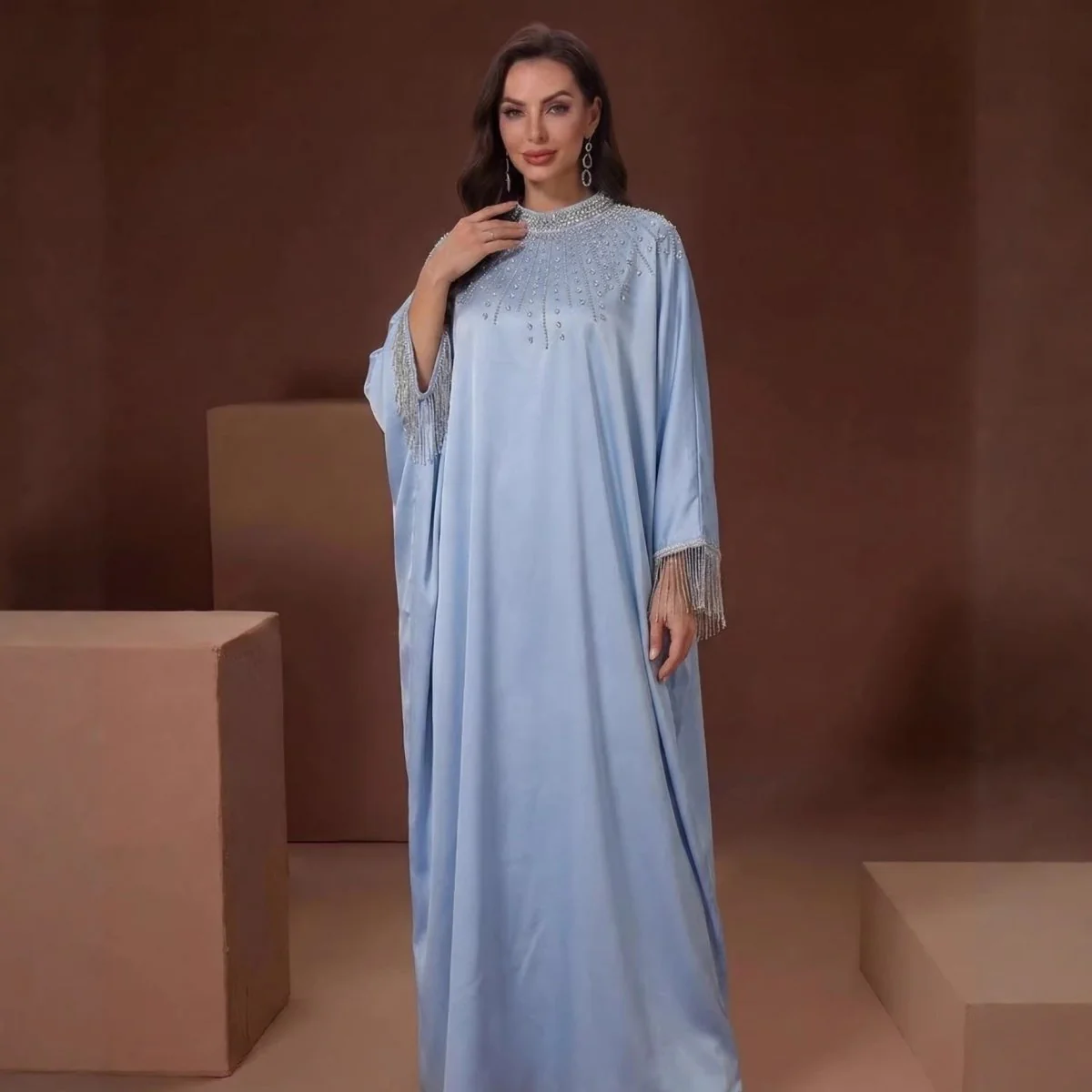 Hand-Beaded Crystal Bodice Satin Kaftan (MA420) - Image 2