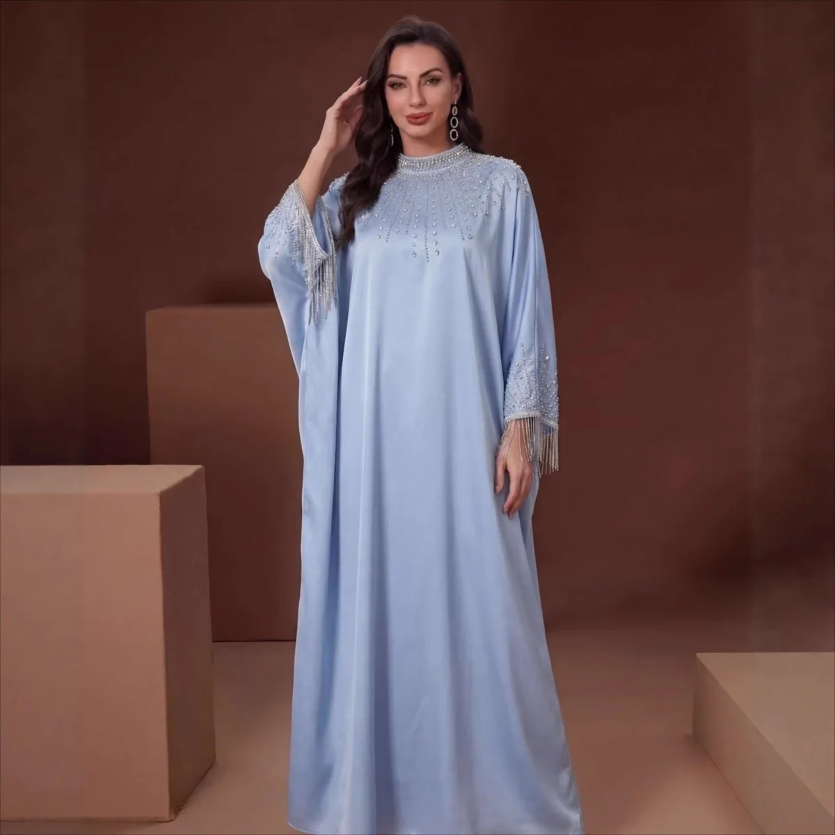 Hand-Beaded Crystal Bodice Satin Kaftan (MA420) - Image 3