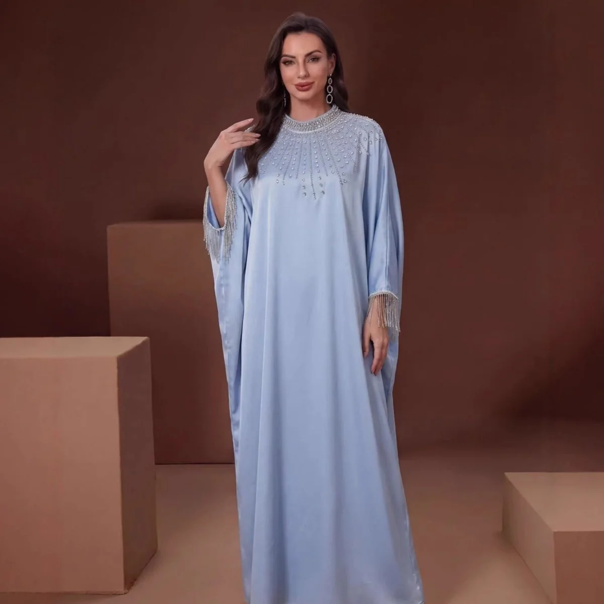 Hand-Beaded Crystal Bodice Satin Kaftan (MA420) - Image 4
