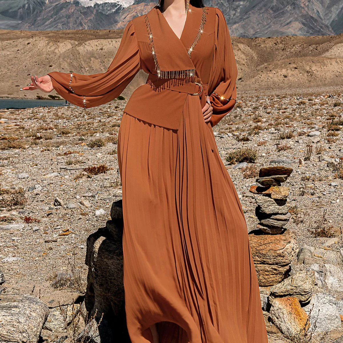 Hand-Beaded V-Neck Pleated Maxi Dress | Bubble Sleeve Crystal Embellished Gown(MS212) - Image 10