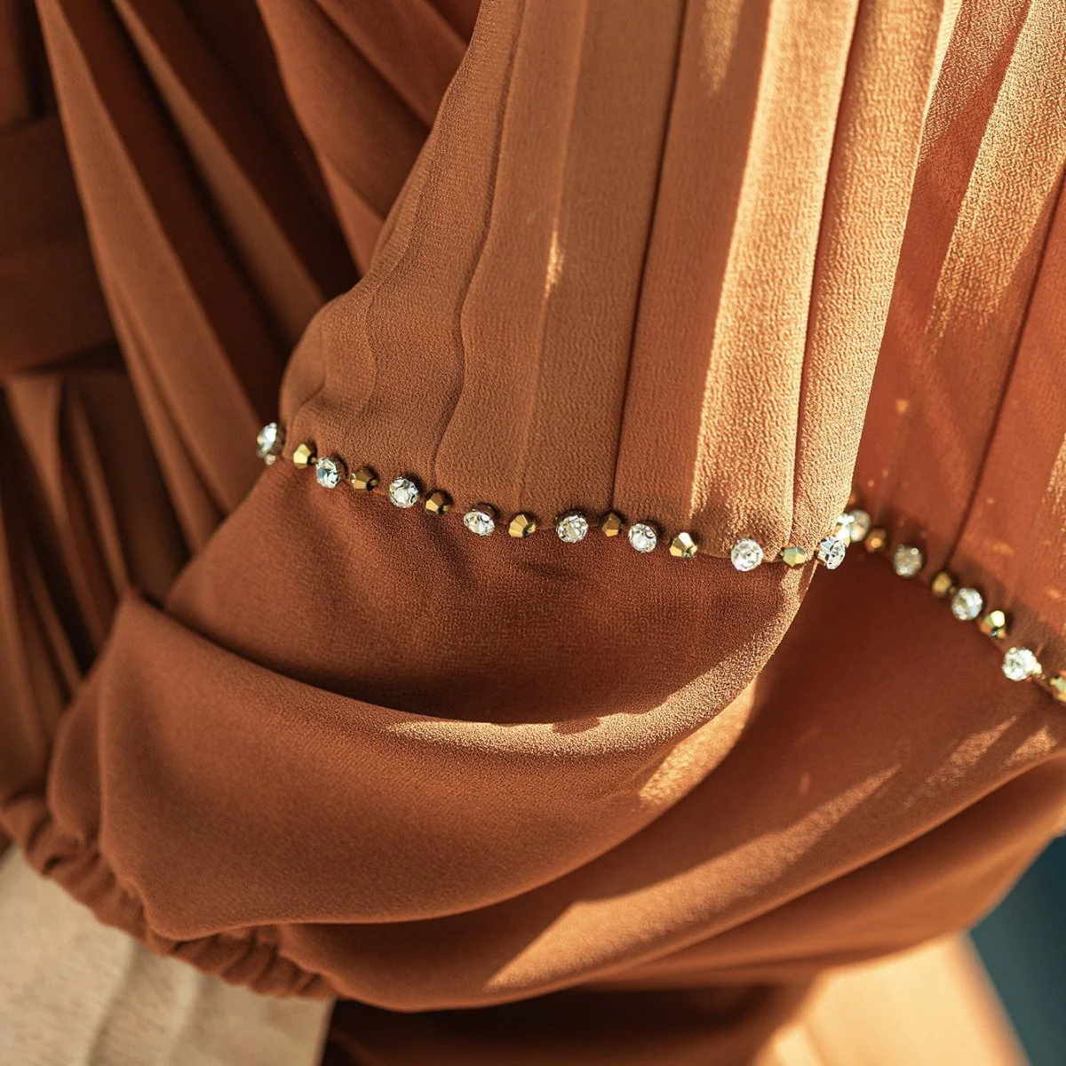 Hand-Beaded V-Neck Pleated Maxi Dress | Bubble Sleeve Crystal Embellished Gown(MS212) - Image 3