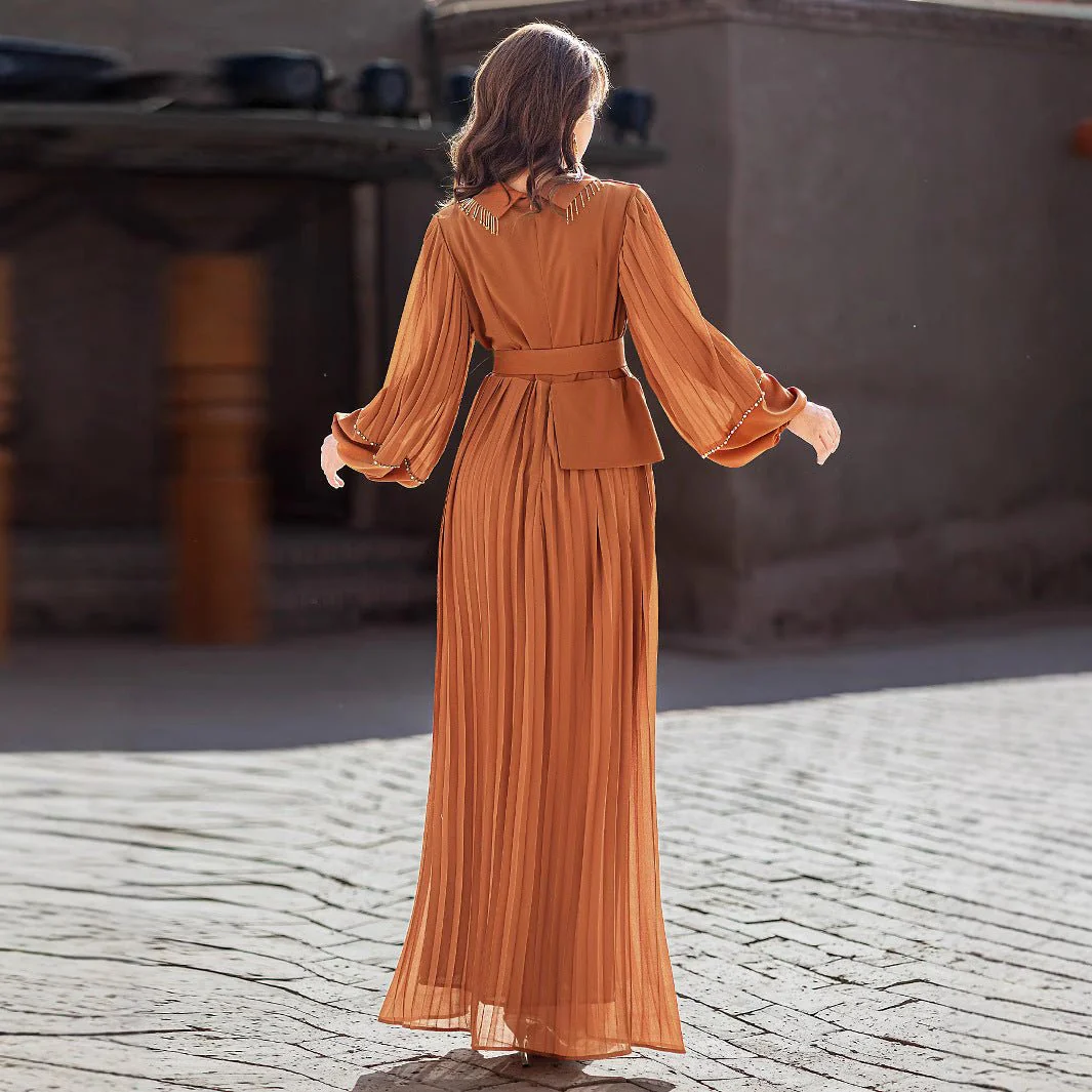 Hand-Beaded V-Neck Pleated Maxi Dress | Bubble Sleeve Crystal Embellished Gown(MS212) - Image 5