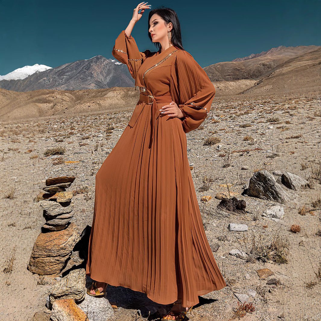 Hand-Beaded V-Neck Pleated Maxi Dress | Bubble Sleeve Crystal Embellished Gown(MS212) - Image 6