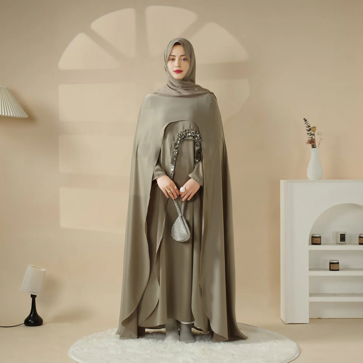 Haute Couture Abaya, Heavy-Crafted 3-Layer Cape Abaya (MA096) - Image 3