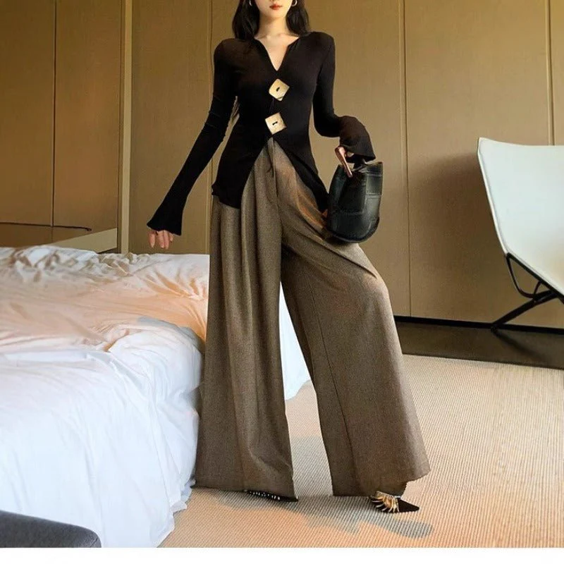 High Waist Wide Leg Trousers | Loose Fit Tailored Palazzo Pants(MS178) - Image 4