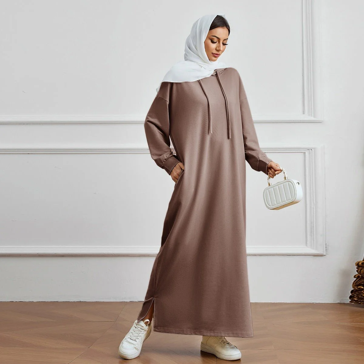 Hooded Pocket Casual Solid Color Dress Robe - Modest Long Sleeve Lounge Dress with Drawstring Hood(MA282)