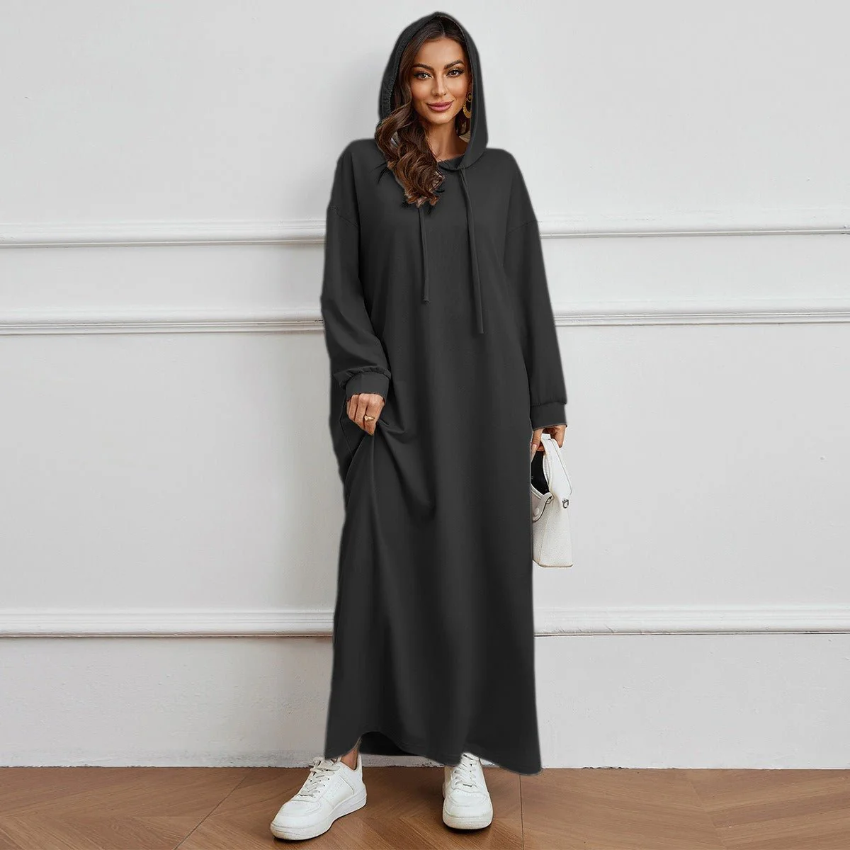Hooded Pocket Casual Solid Color Dress Robe - Modest Long Sleeve Lounge Dress with Drawstring Hood(MA282) - Image 13