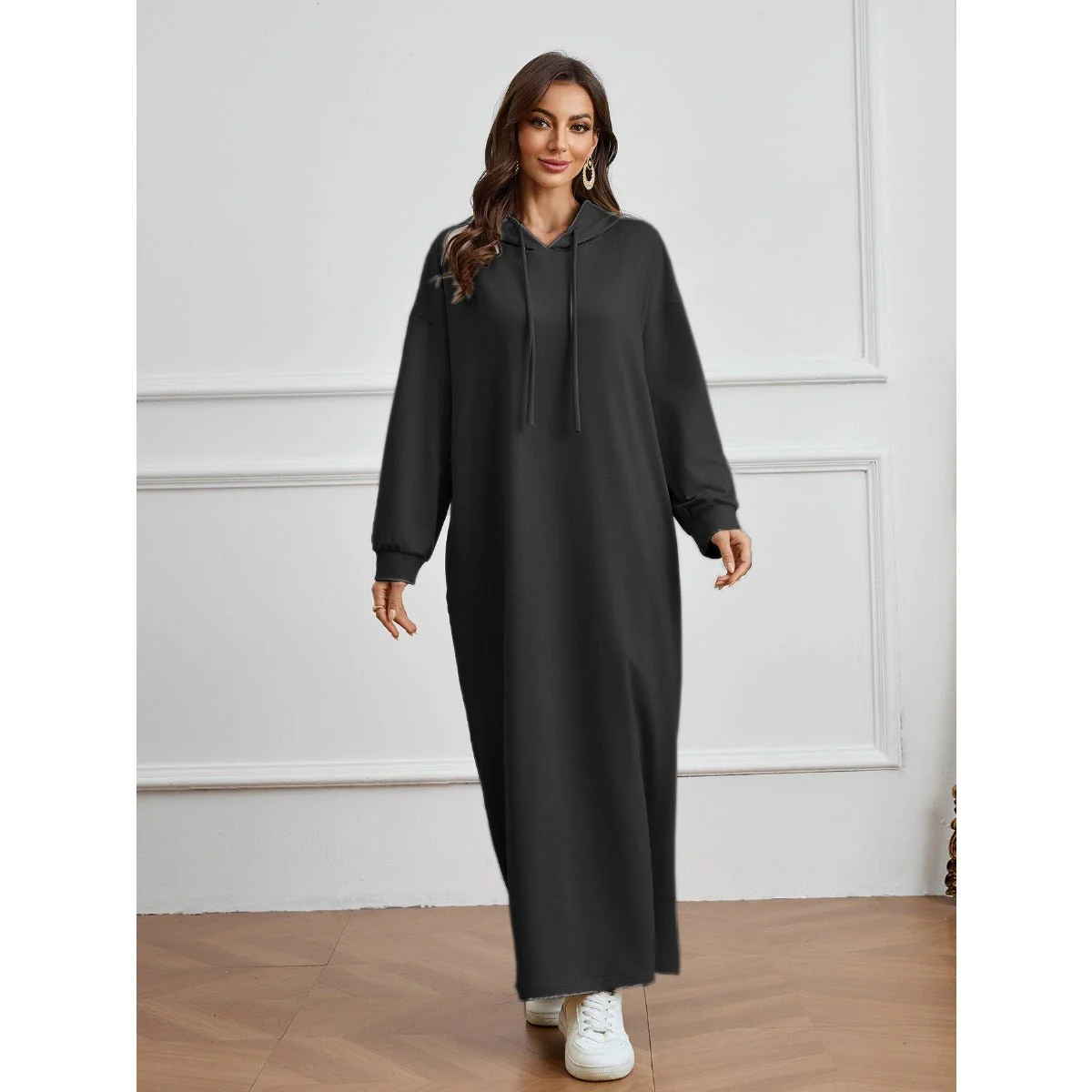 Hooded Pocket Casual Solid Color Dress Robe - Modest Long Sleeve Lounge Dress with Drawstring Hood(MA282) - Image 15