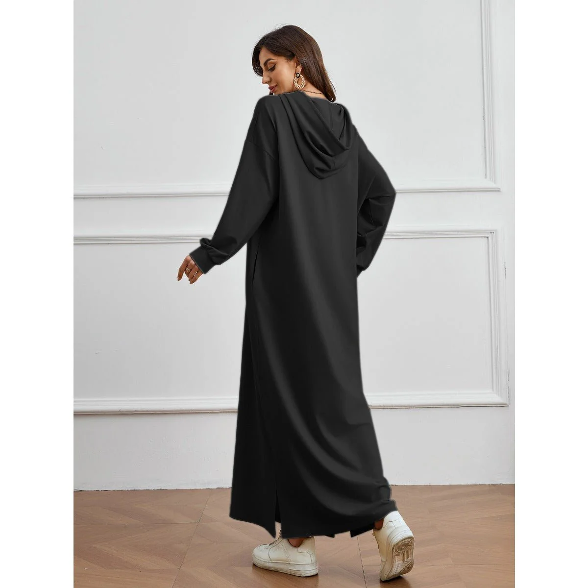 Hooded Pocket Casual Solid Color Dress Robe - Modest Long Sleeve Lounge Dress with Drawstring Hood(MA282) - Image 16