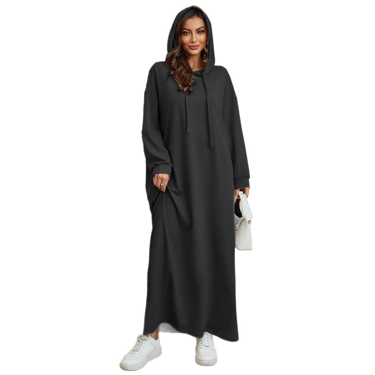 Hooded Pocket Casual Solid Color Dress Robe - Modest Long Sleeve Lounge Dress with Drawstring Hood(MA282) - Image 17