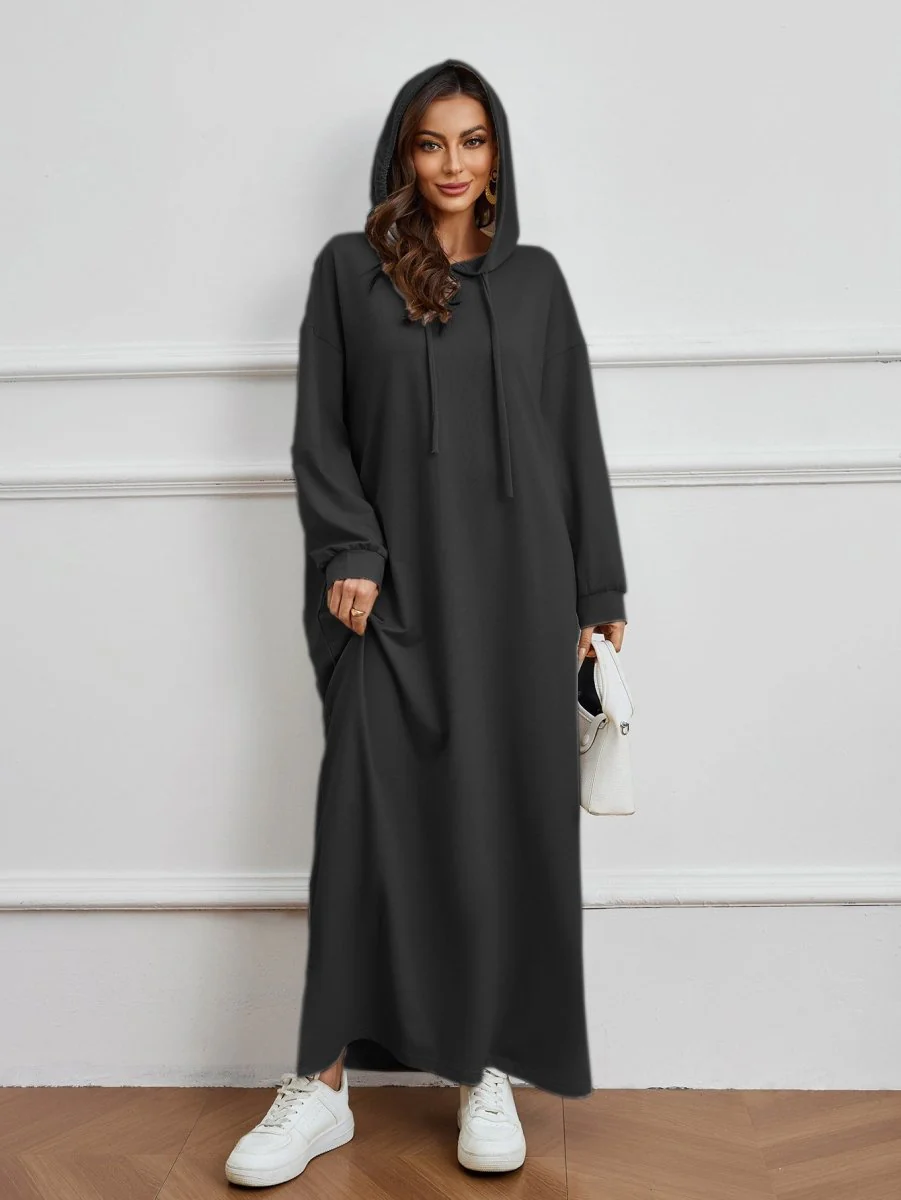 Hooded Pocket Casual Solid Color Dress Robe - Modest Long Sleeve Lounge Dress with Drawstring Hood(MA282) - Image 20