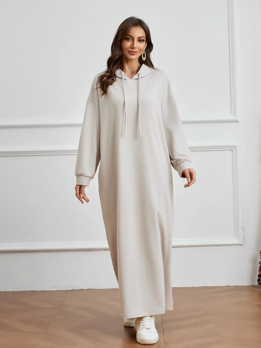 Hooded Pocket Casual Solid Color Dress Robe - Modest Long Sleeve Lounge Dress with Drawstring Hood(MA282) - Image 21