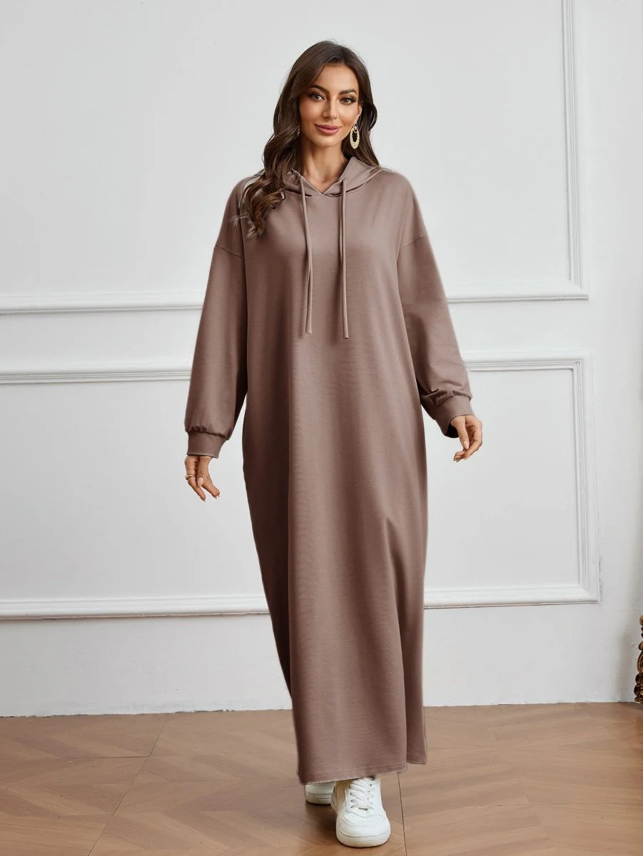 Hooded Pocket Casual Solid Color Dress Robe - Modest Long Sleeve Lounge Dress with Drawstring Hood(MA282) - Image 22