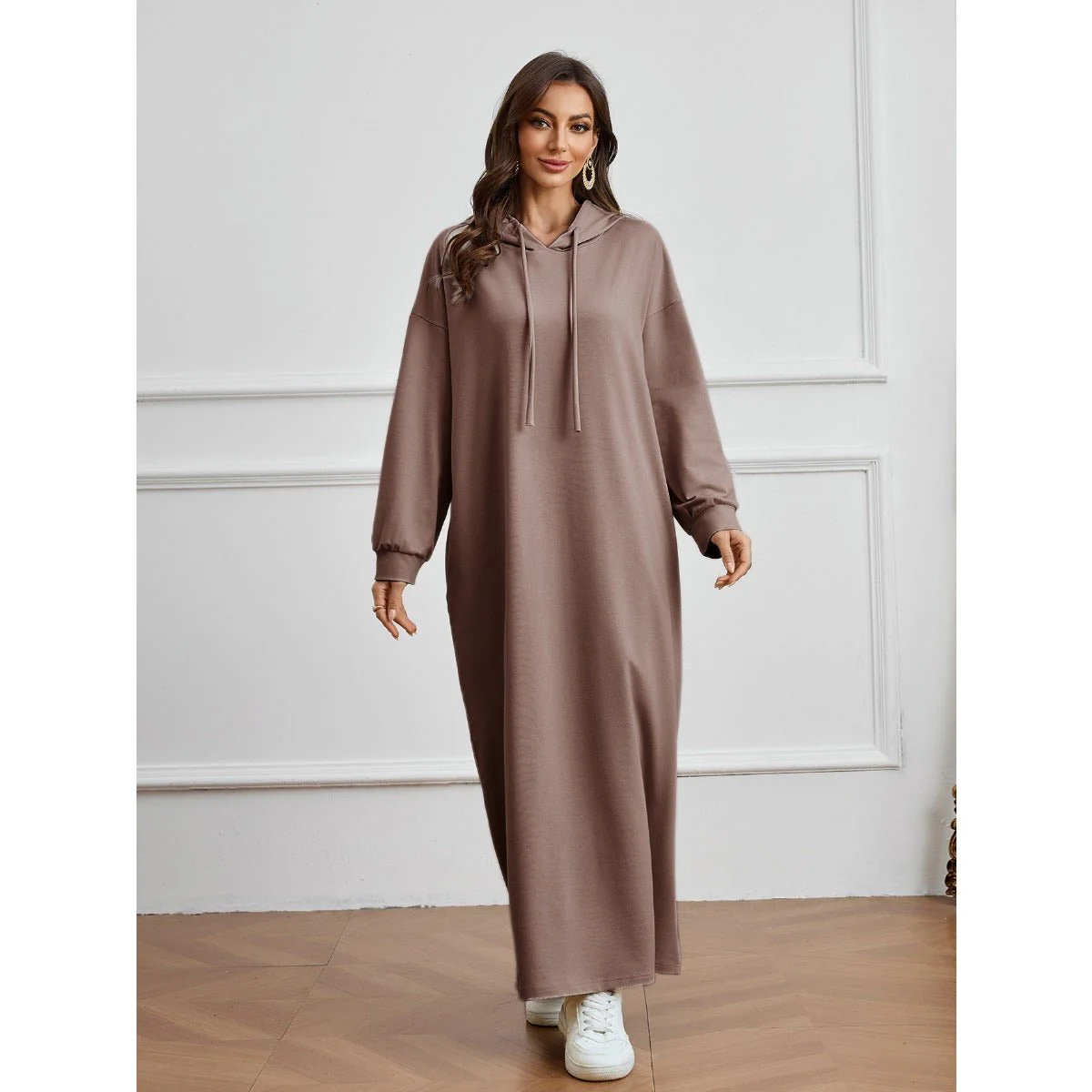 Hooded Pocket Casual Solid Color Dress Robe - Modest Long Sleeve Lounge Dress with Drawstring Hood(MA282) - Image 3